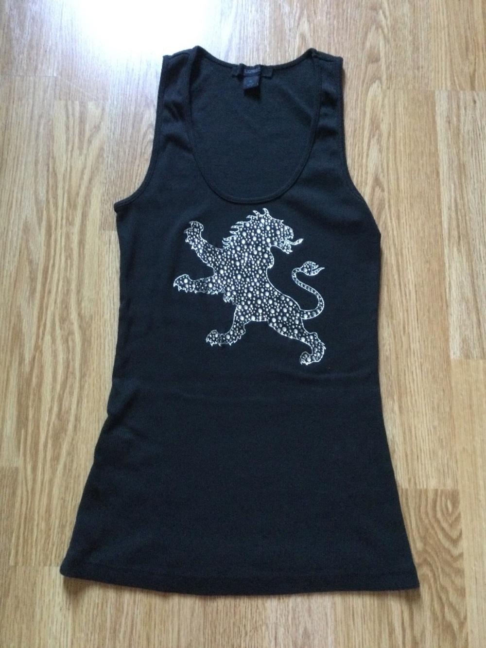 Express Black Ribbed Knit Tank Top Rhinestone Lion Graphic Silver Print S/M Y2K